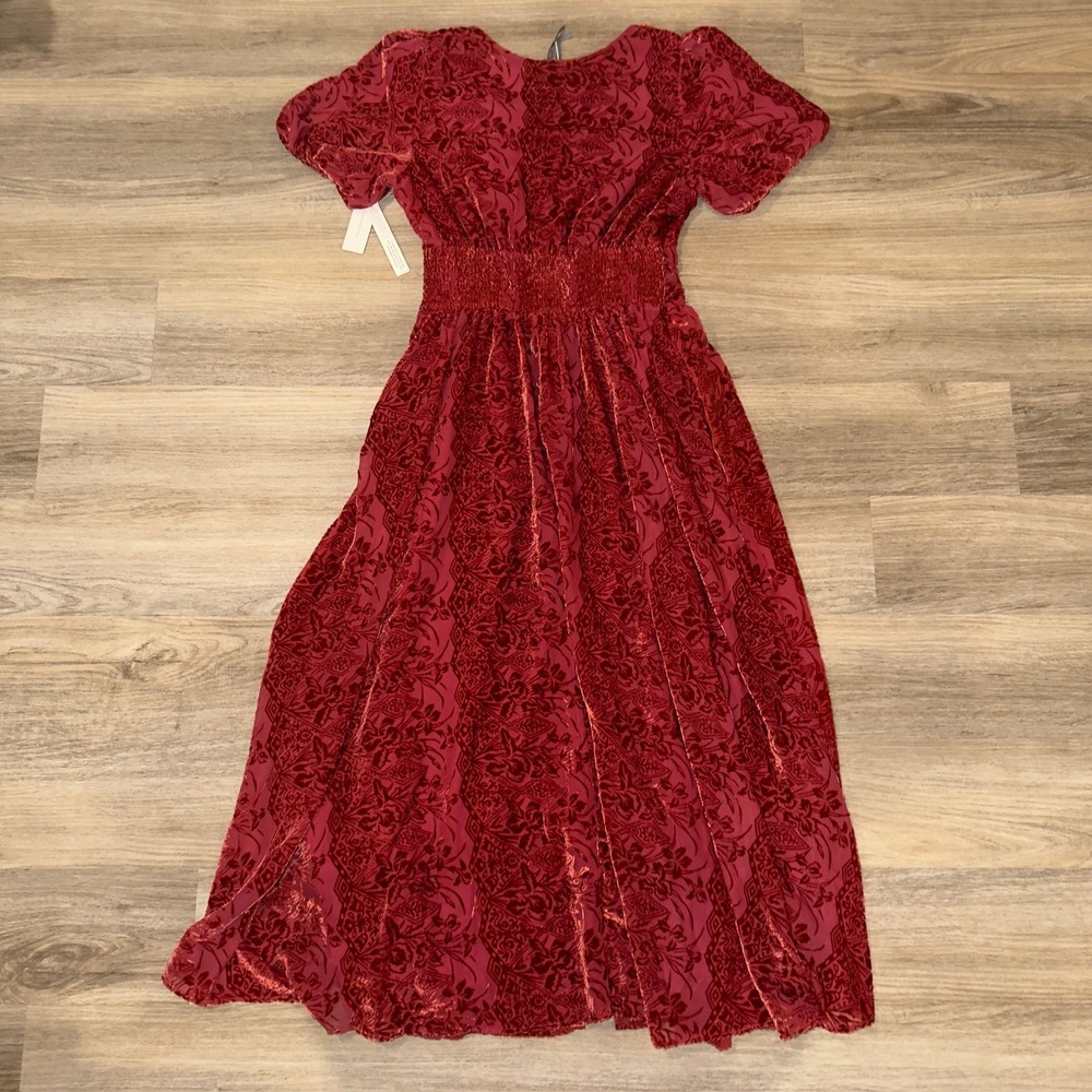 Anthropologie Red Burnout Velvet Floral Maxi Dress V-Neck Flutter Sleeve Size M - Picture 13 of 13